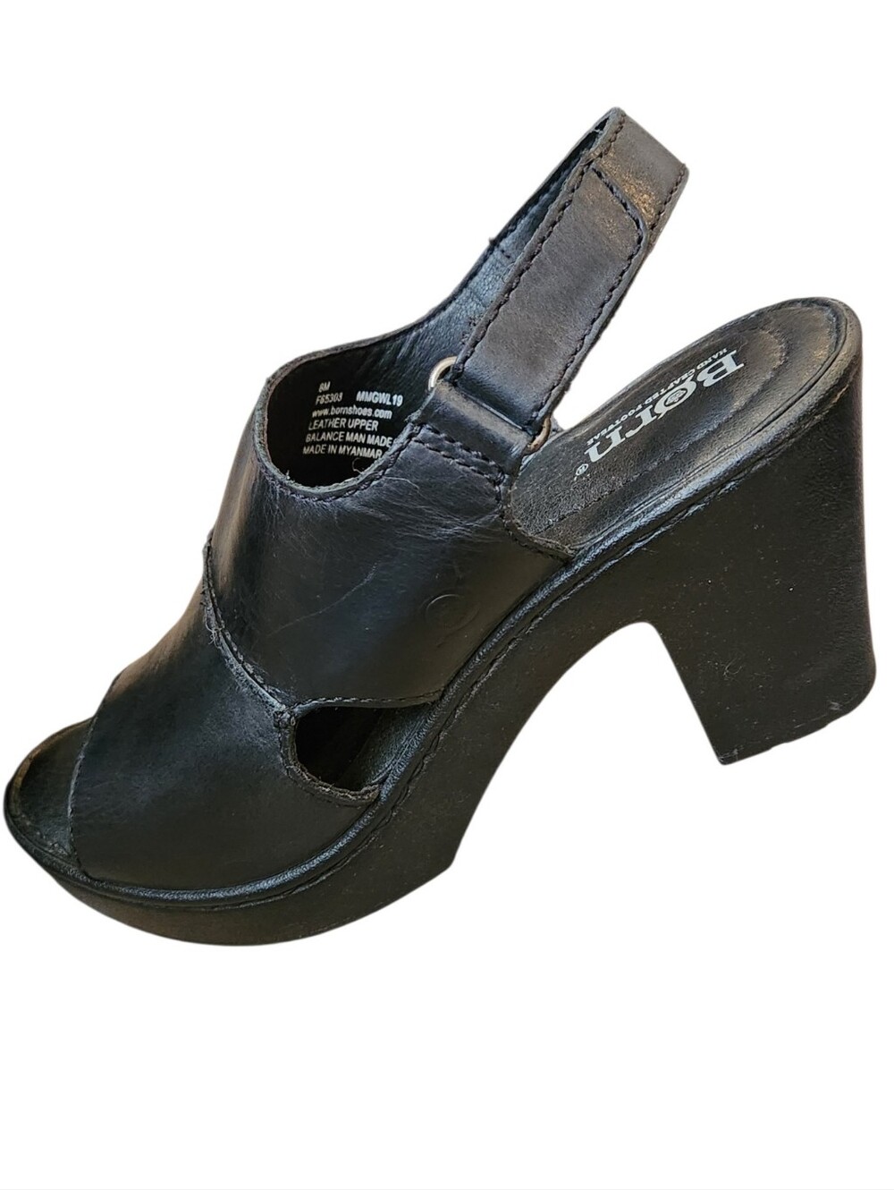 Born Wekiva Black Leather Peep Toe Block Heel Sandals Size 8 Chunky Comfort Shoe - Picture 3 of 9